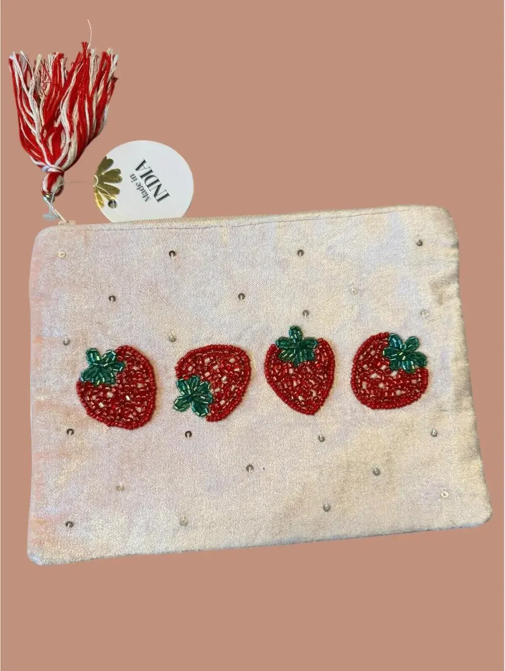 Cream Beaded Strawberry Zip Cosmetic Pouch with Tassel Charm